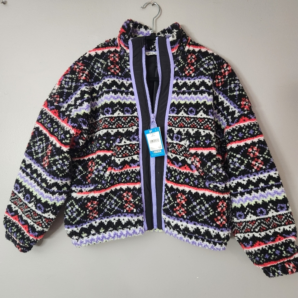 DSG Cozy Fleece Full Zip Jacket Funky Fair Isle Pattern Girls Medium (10-12) NWT
